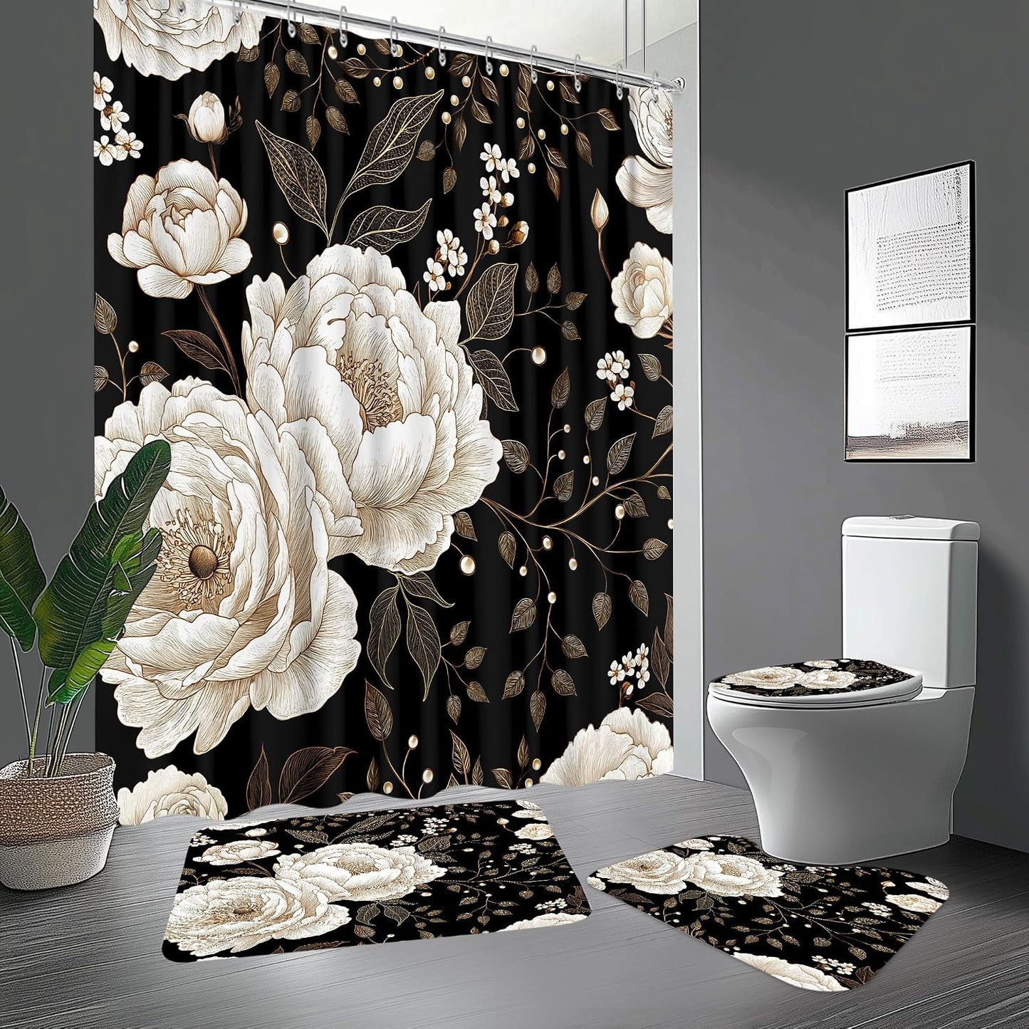 Black & Gold Boho Shower Curtain Set - 4 Piece Bath Decor