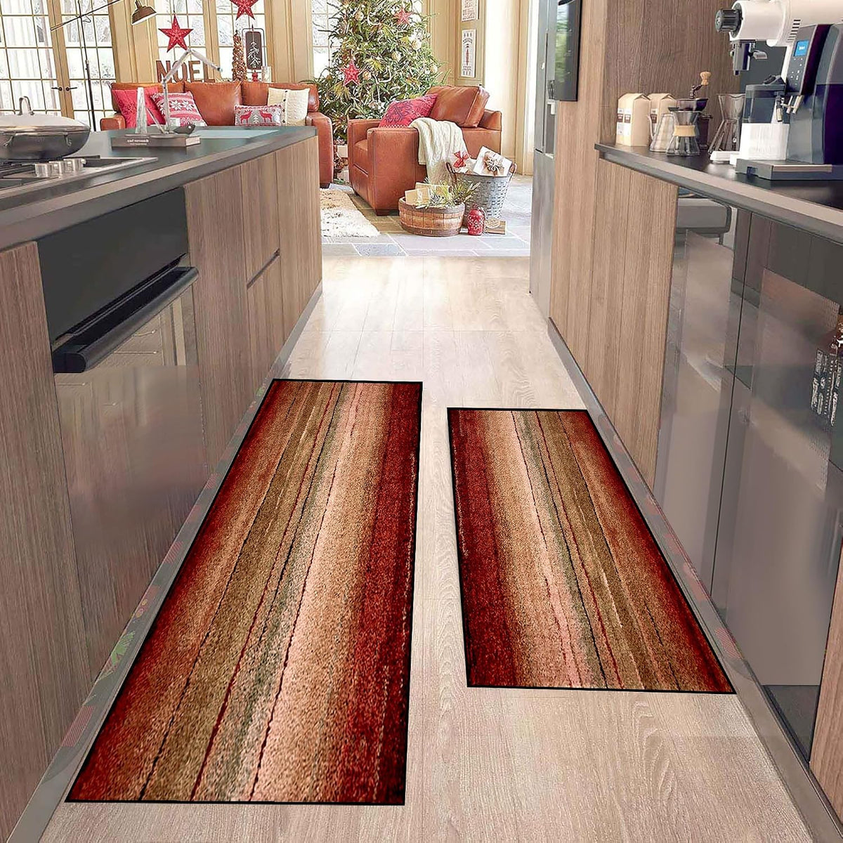 Kitchen Rug Set - 2 Piece Non-Slip Runner, Red Oxide