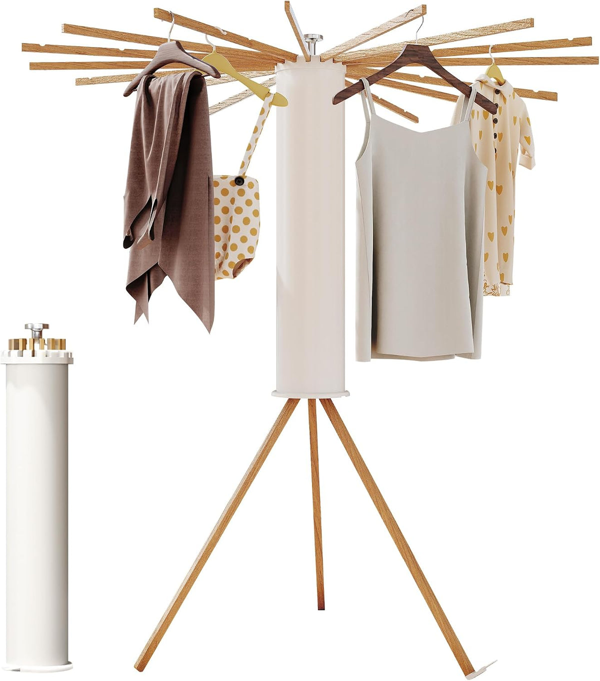 Foldable Clothes Drying Rack - 16 Wood Poles, Retractable