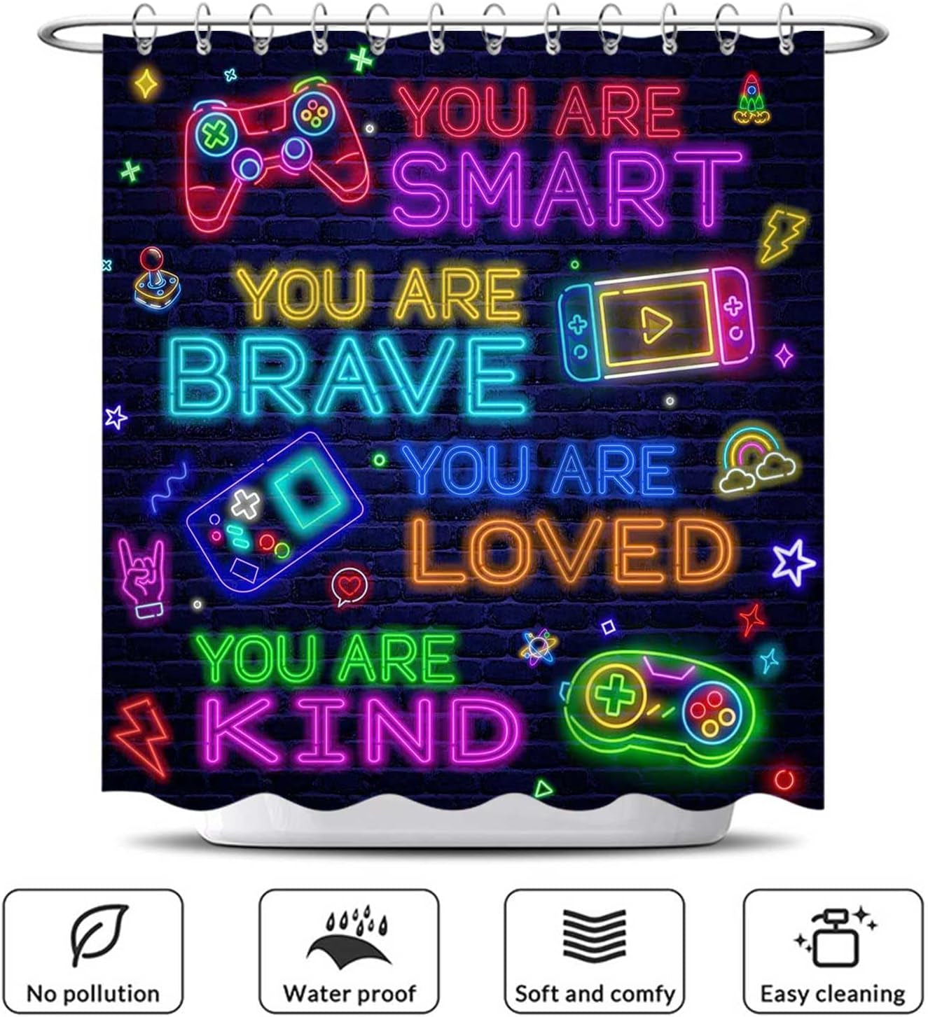 Neon Gamer Shower Curtain Set - 4 Piece with Rugs & Hooks