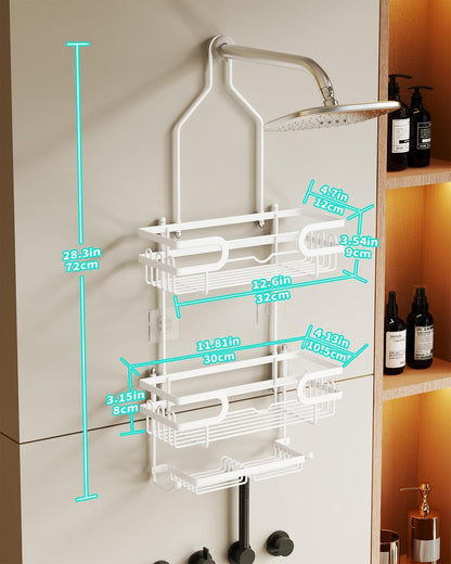 Hanging Shower Caddy - 12 Hooks & 2 Soap Trays, White