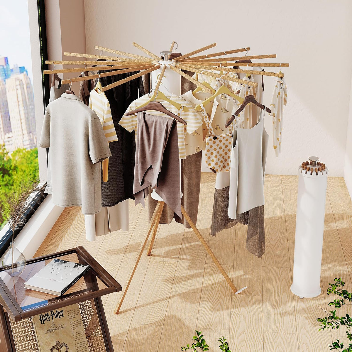 Foldable Clothes Drying Rack - 16 Wood Poles, Retractable