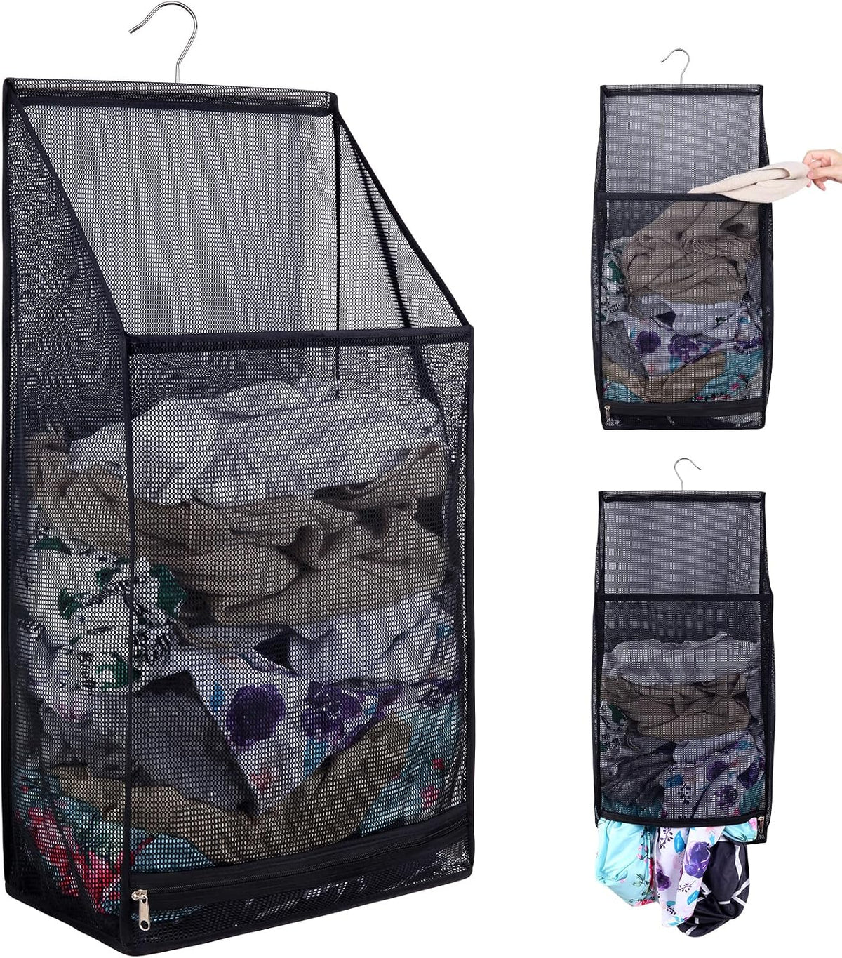 Hanging Mesh Laundry Bag - Collapsible, Space-Saving (Black)