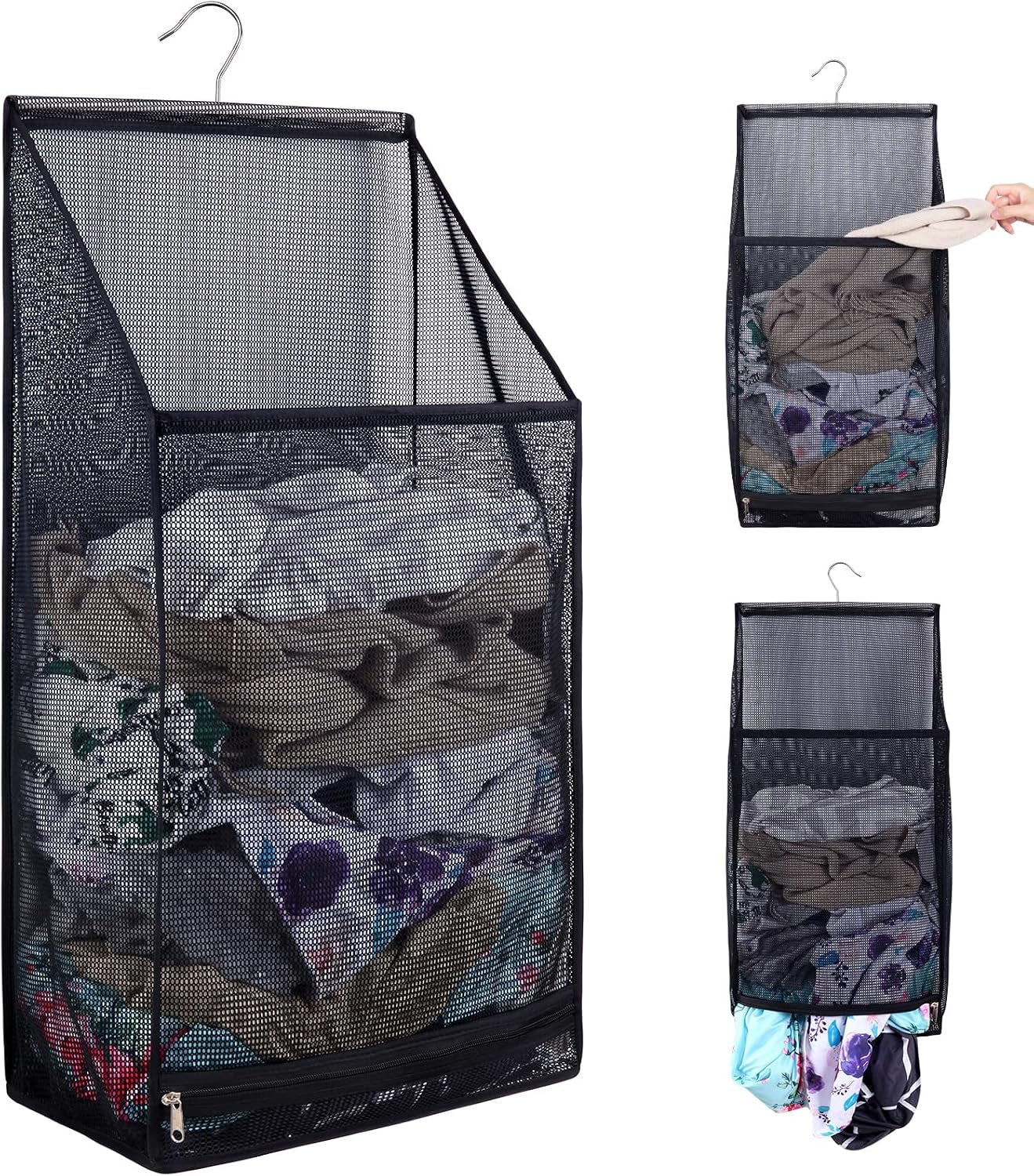 Hanging Mesh Laundry Bag - Collapsible, Space-Saving (Black)