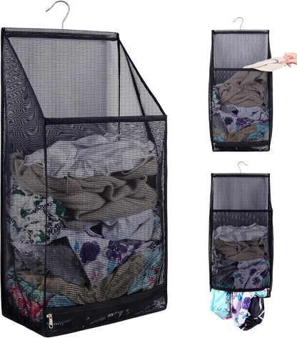 Hanging Mesh Laundry Bag - Collapsible, Space-Saving (Black)