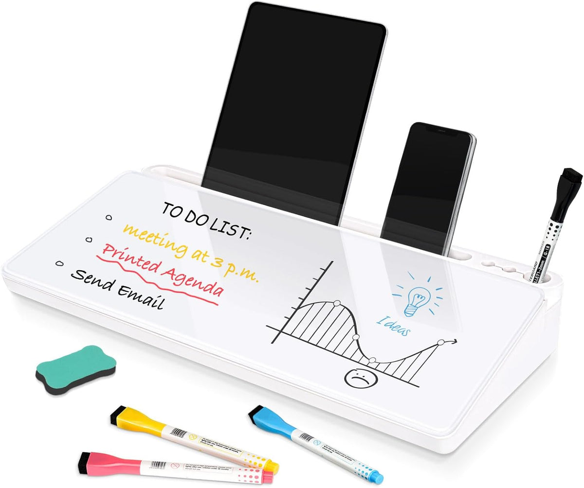 Glass Desk Whiteboard with Drawer & Keyboard Stand - White