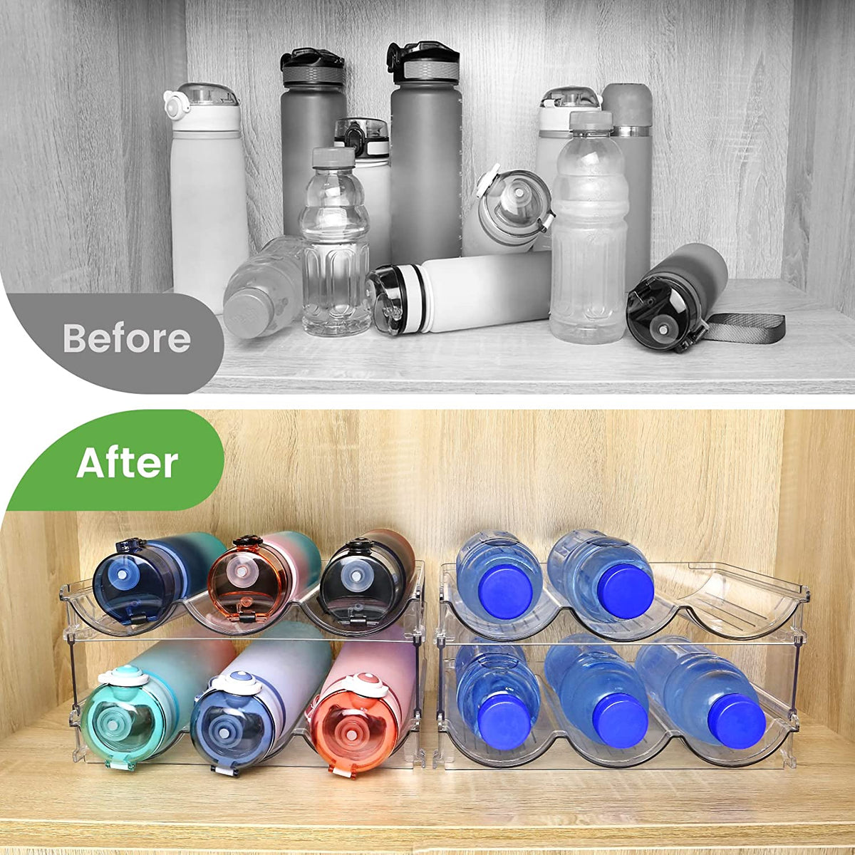 Stackable Water Bottle Organizer - Cabinet Rack (2 Pack)