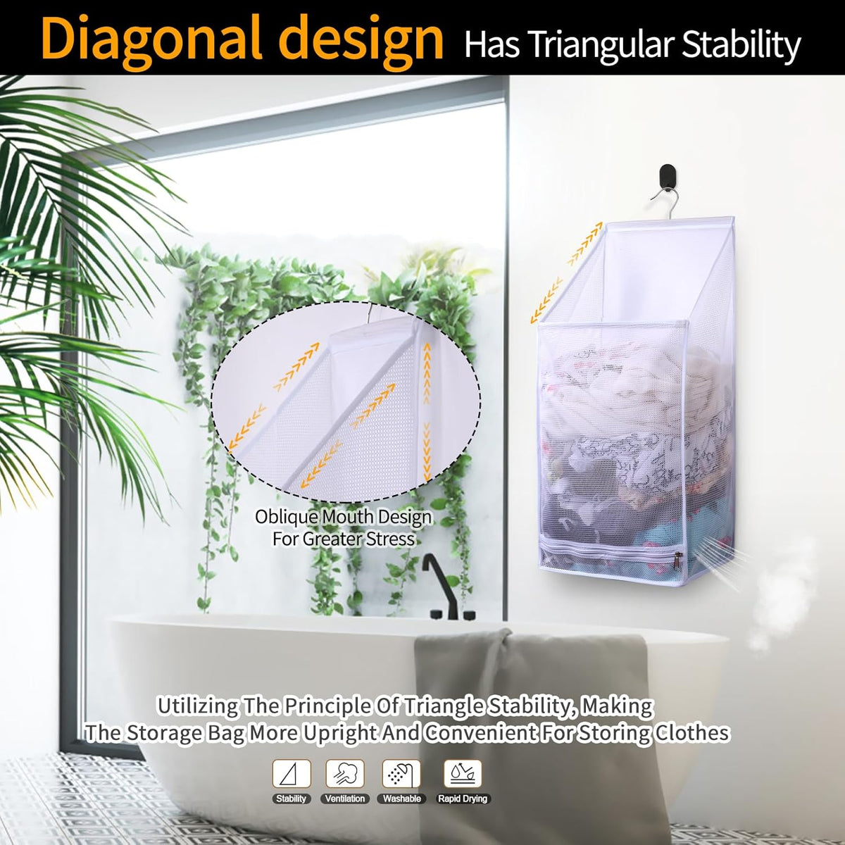 Hanging Mesh Laundry Bag - Collapsible, Space-Saving (White)