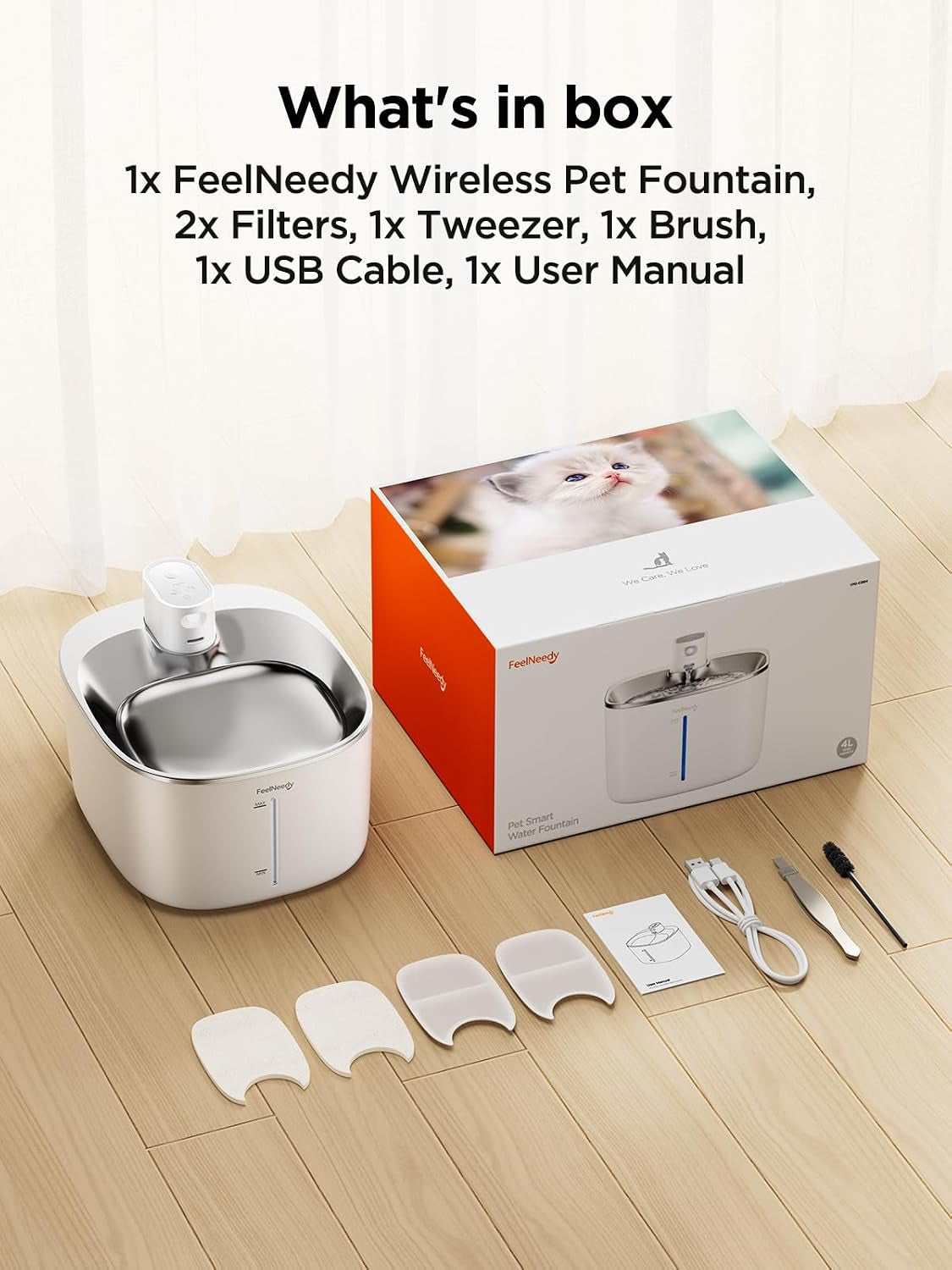 Wireless Cat Water Fountain - 135Oz, Motion Sensor, White
