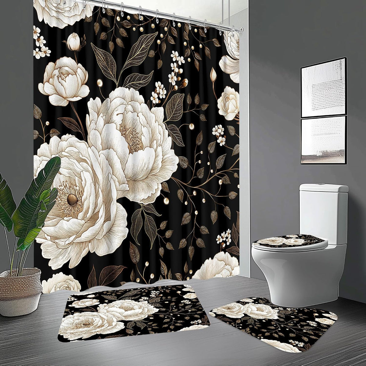 Black & Gold Boho Shower Curtain Set - 4 Piece Bath Decor