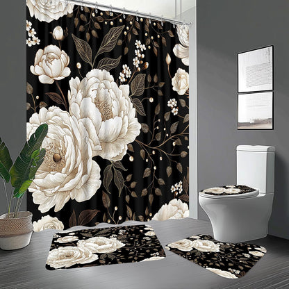 Black & Gold Boho Shower Curtain Set - 4 Piece Bath Decor