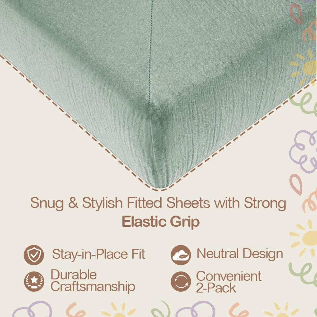Muslin Crib Sheets 2-Pack - 100% Cotton, Green & Cream