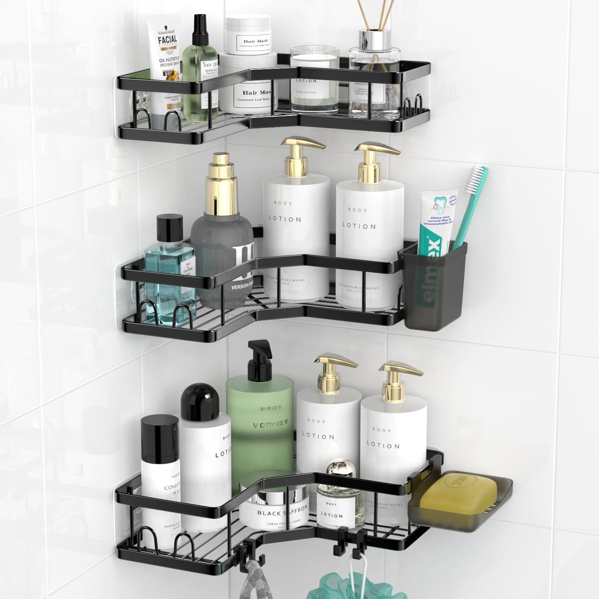 Adhesive Corner Shower Shelves - Rustproof Steel (3 Pack)