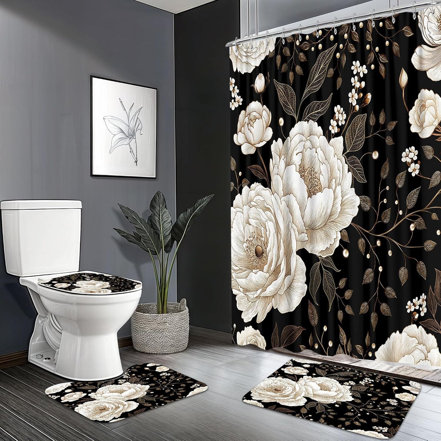 Black & Gold Boho Shower Curtain Set - 4 Piece Bath Decor