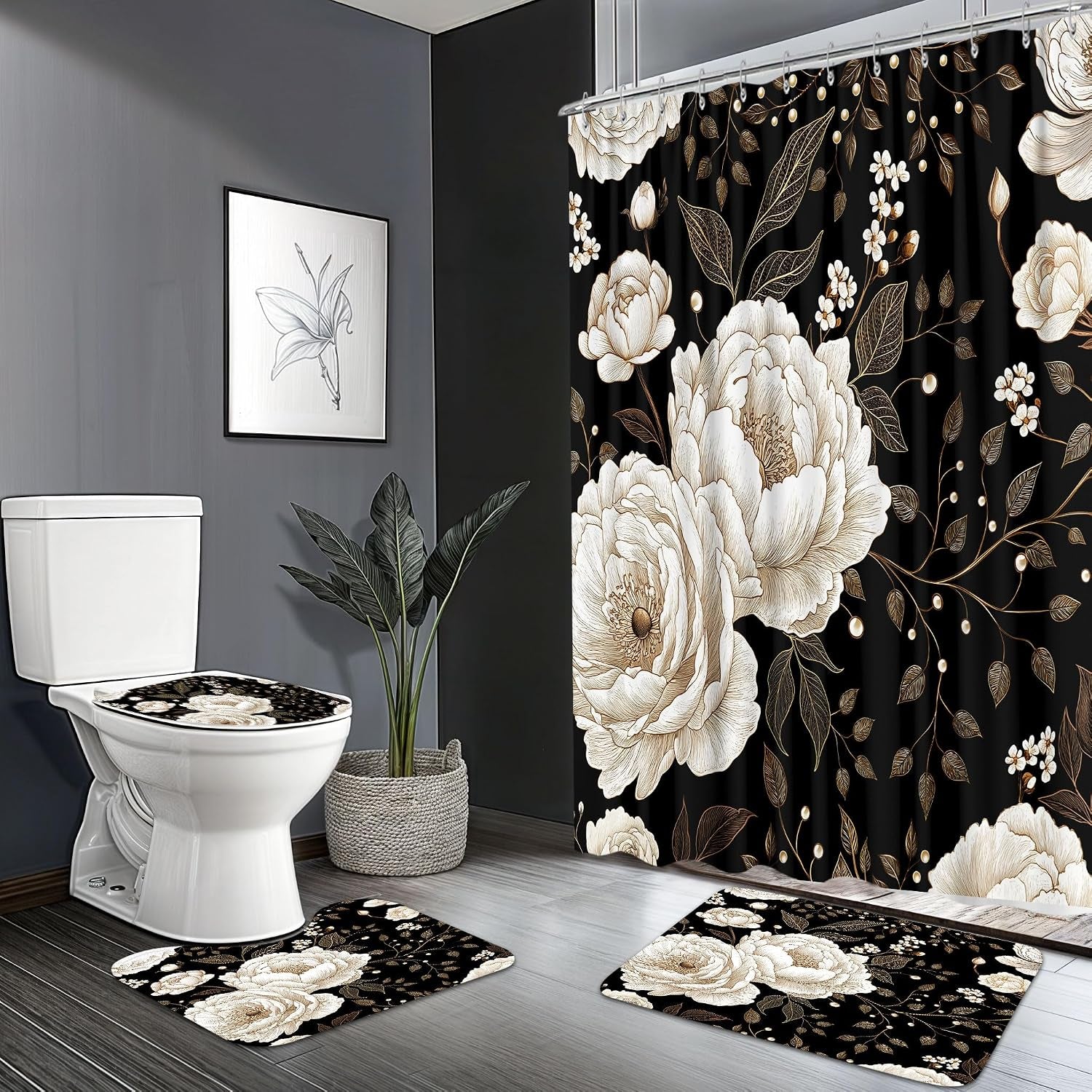 Black & Gold Boho Shower Curtain Set - 4 Piece Bath Decor