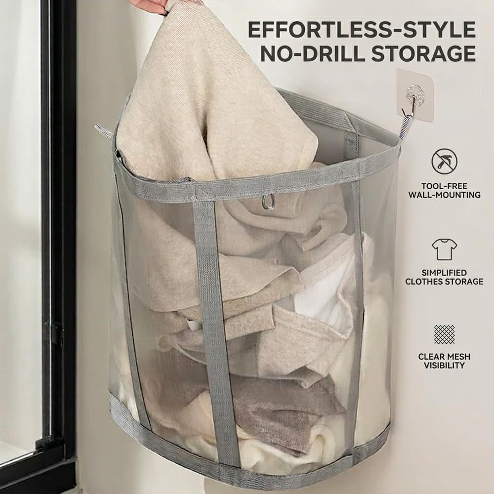 Wall-Mounted Foldable Laundry Hamper - 41L Breathable Mesh
