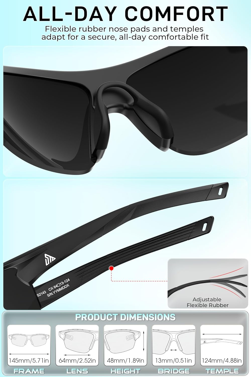 Polarized Sport Sunglasses - UV400, Anti-Slip Wrap Frame