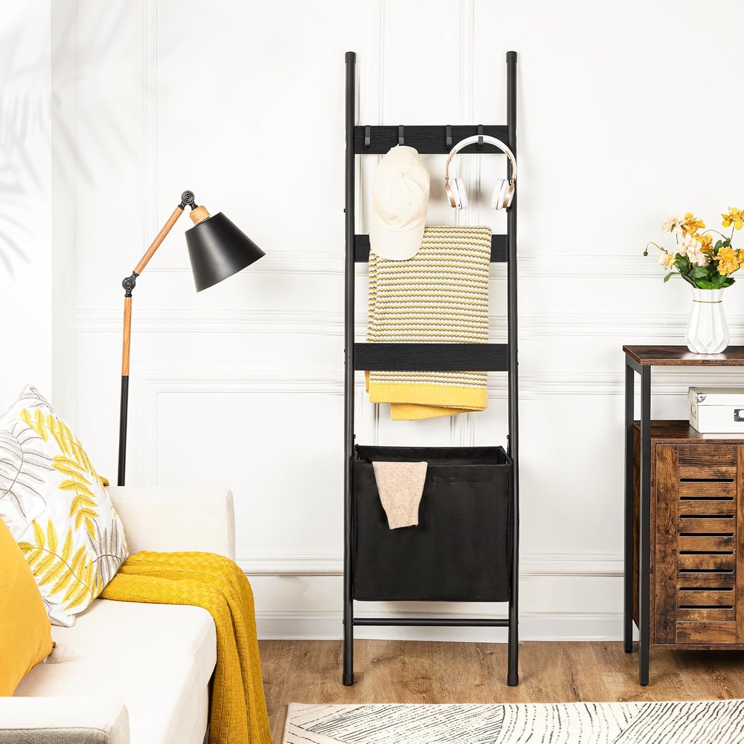 Blanket Ladder with Basket - 63In Towel Rack, Black