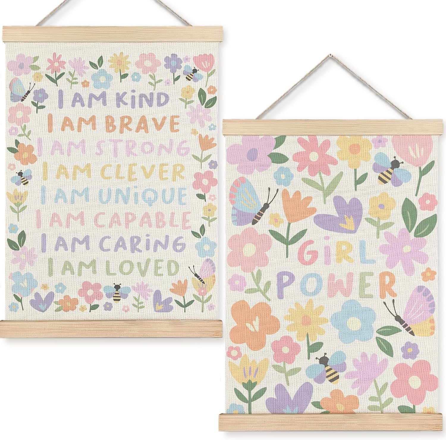 Floral Girls Room Wall Art - 2 Prints with Wood Hangers