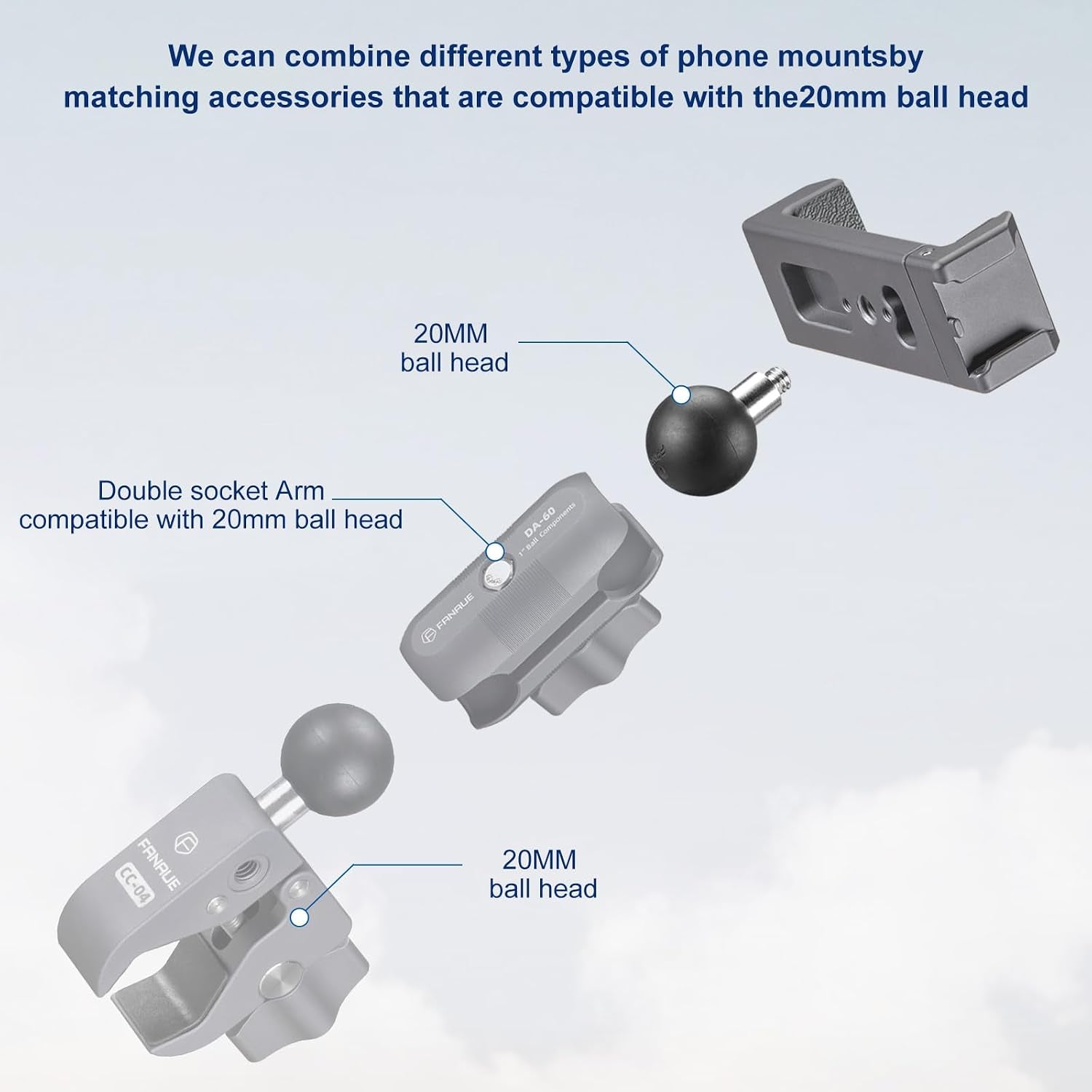 Aluminum Phone Holder - 20Mm Ball Mount, 360 Rotation