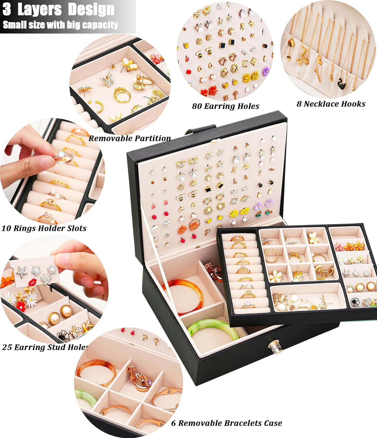 Stud Earring Organizer Box - Holds 100+ Pairs, Black