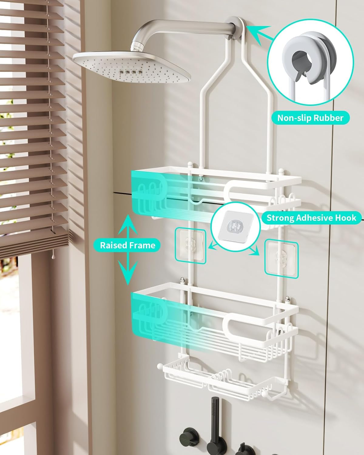 Hanging Shower Caddy - 12 Hooks & 2 Soap Trays, White