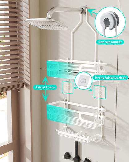 Hanging Shower Caddy - 12 Hooks & 2 Soap Trays, White