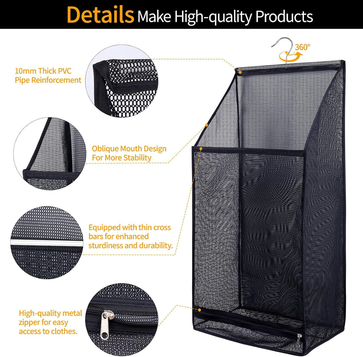 Hanging Mesh Laundry Bag - Collapsible, Space-Saving (Black)