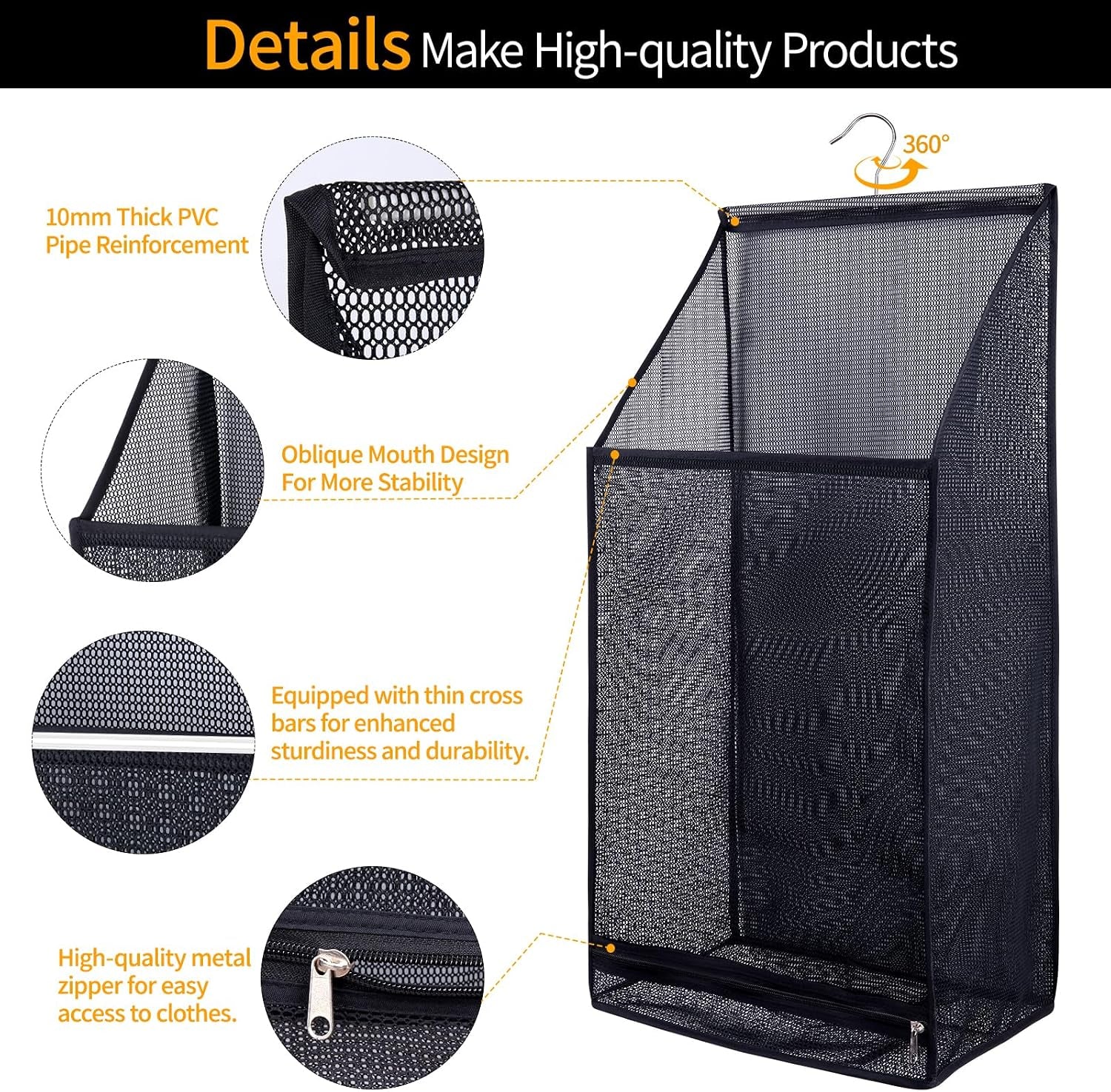Hanging Mesh Laundry Bag - Collapsible, Space-Saving (Black)