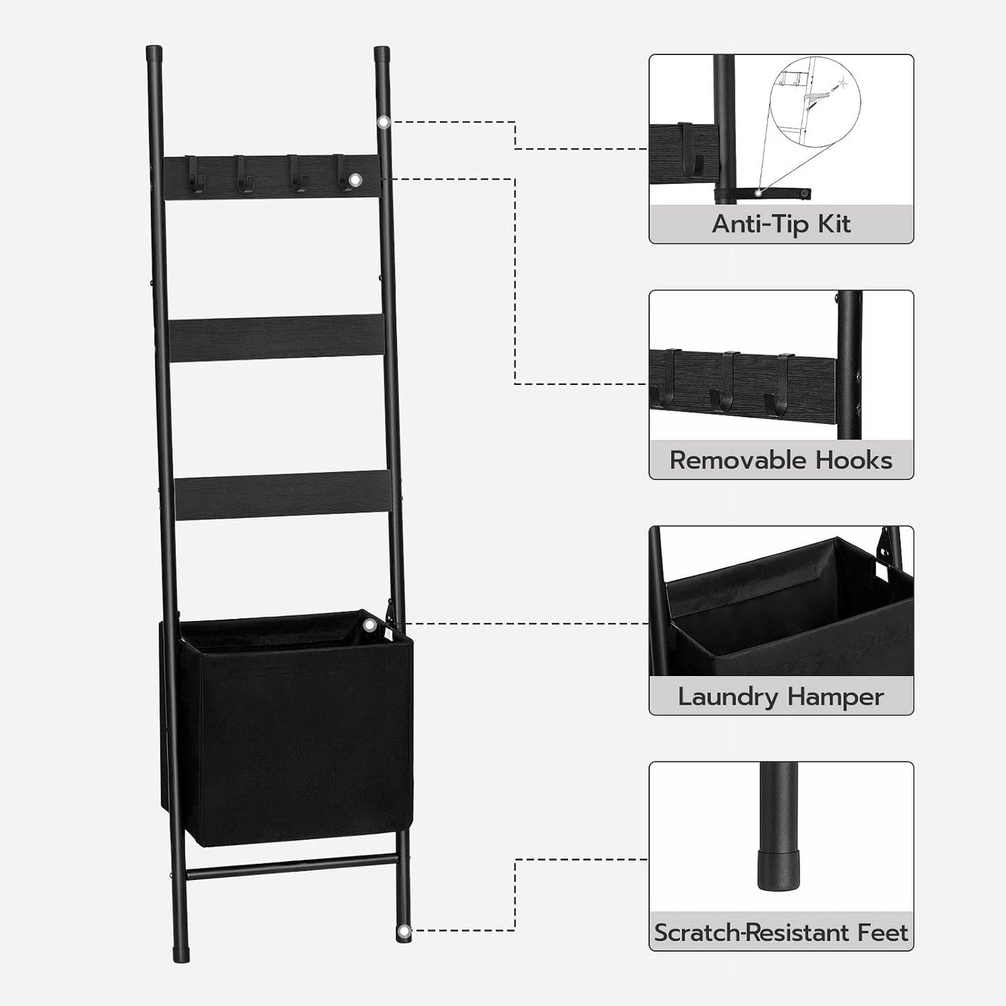 Blanket Ladder with Basket - 63In Towel Rack, Black