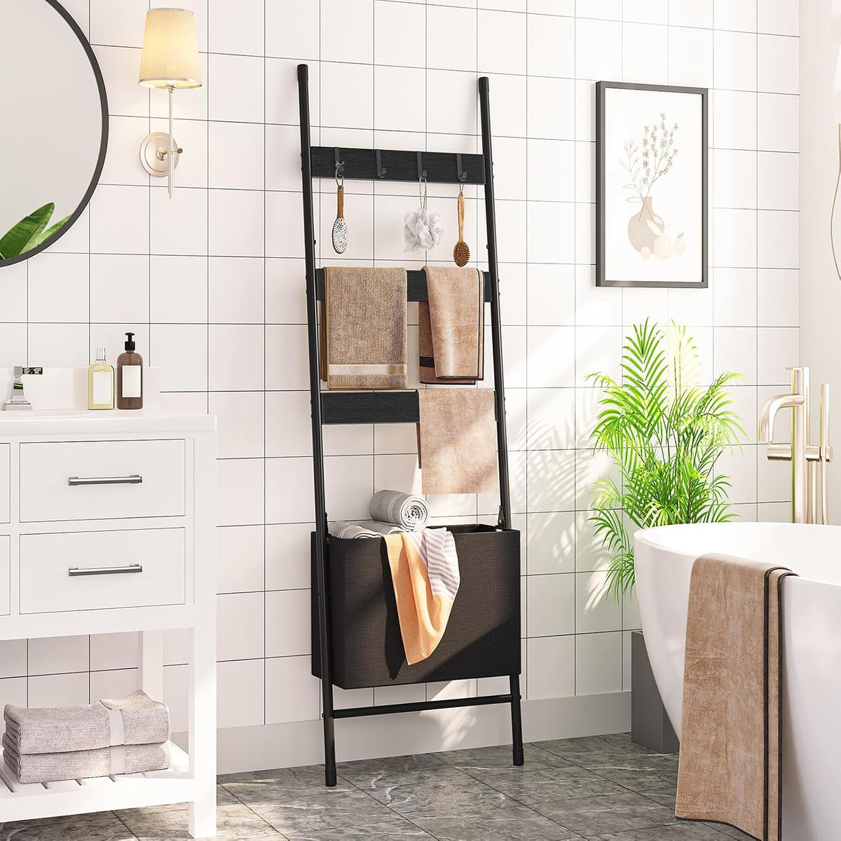 Blanket Ladder with Basket - 63In Towel Rack, Black