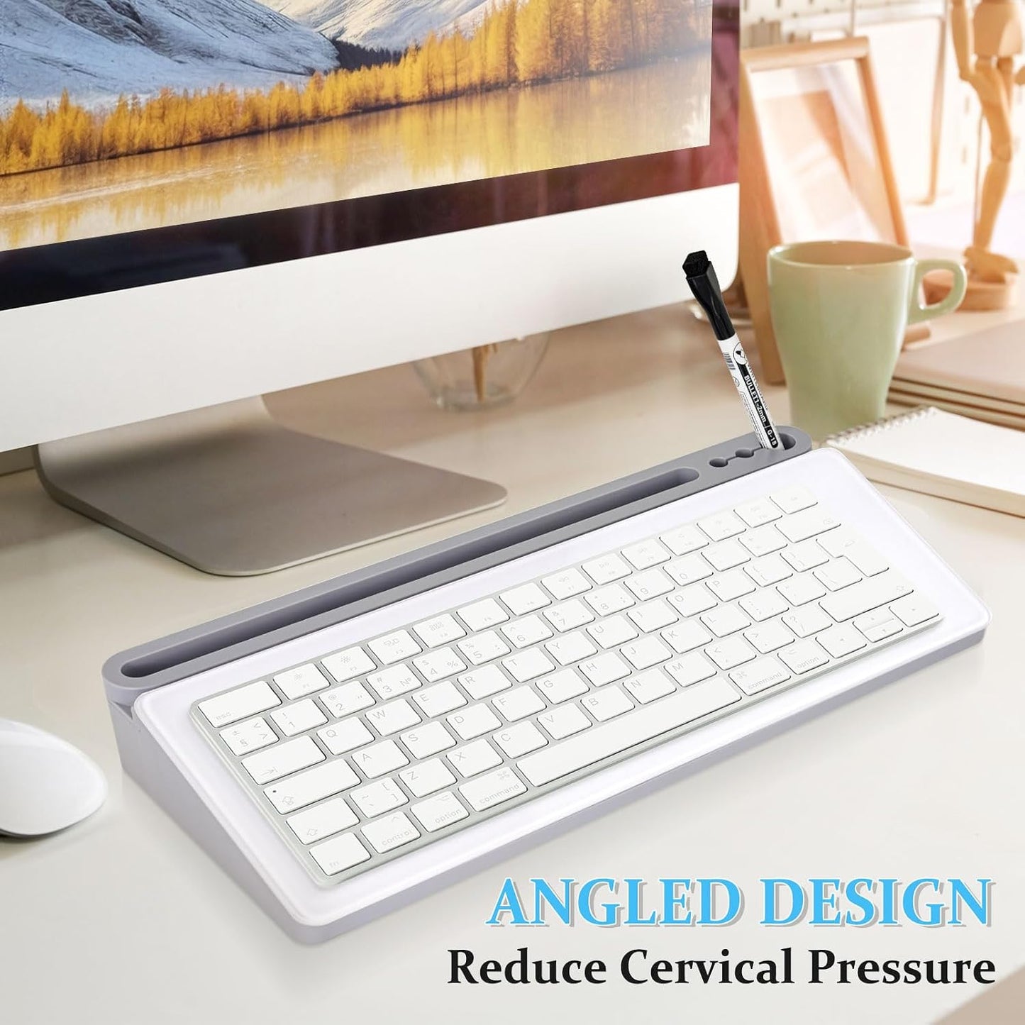 Glass Desk Whiteboard with Drawer & Keyboard Stand - Grey