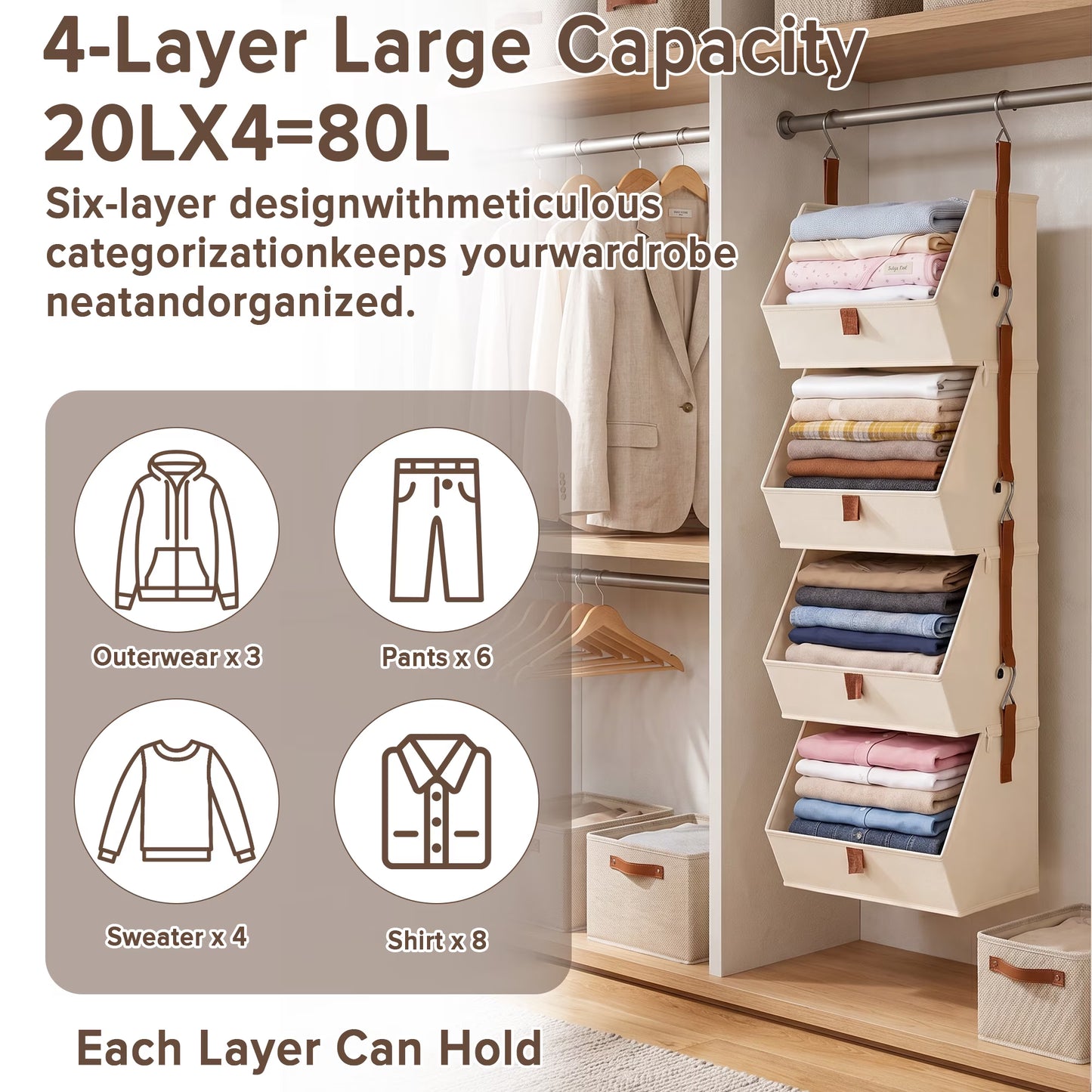 4-Tier Hanging Closet Organizer - Collapsible Fabric Shelves