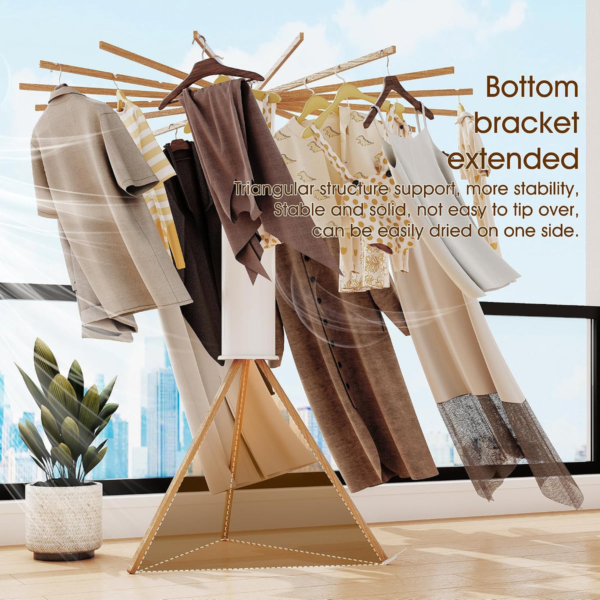 Foldable Clothes Drying Rack - 16 Wood Poles, Retractable