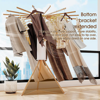 Foldable Clothes Drying Rack - 16 Wood Poles, Retractable