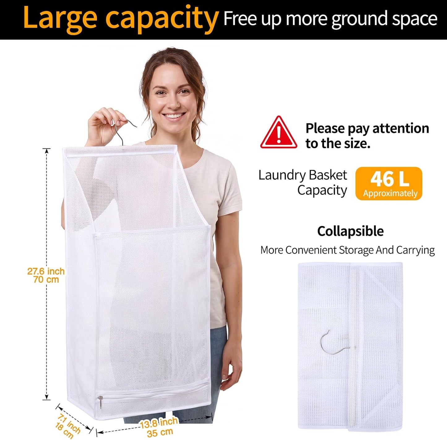 Hanging Mesh Laundry Bag - Collapsible, Space-Saving (White)