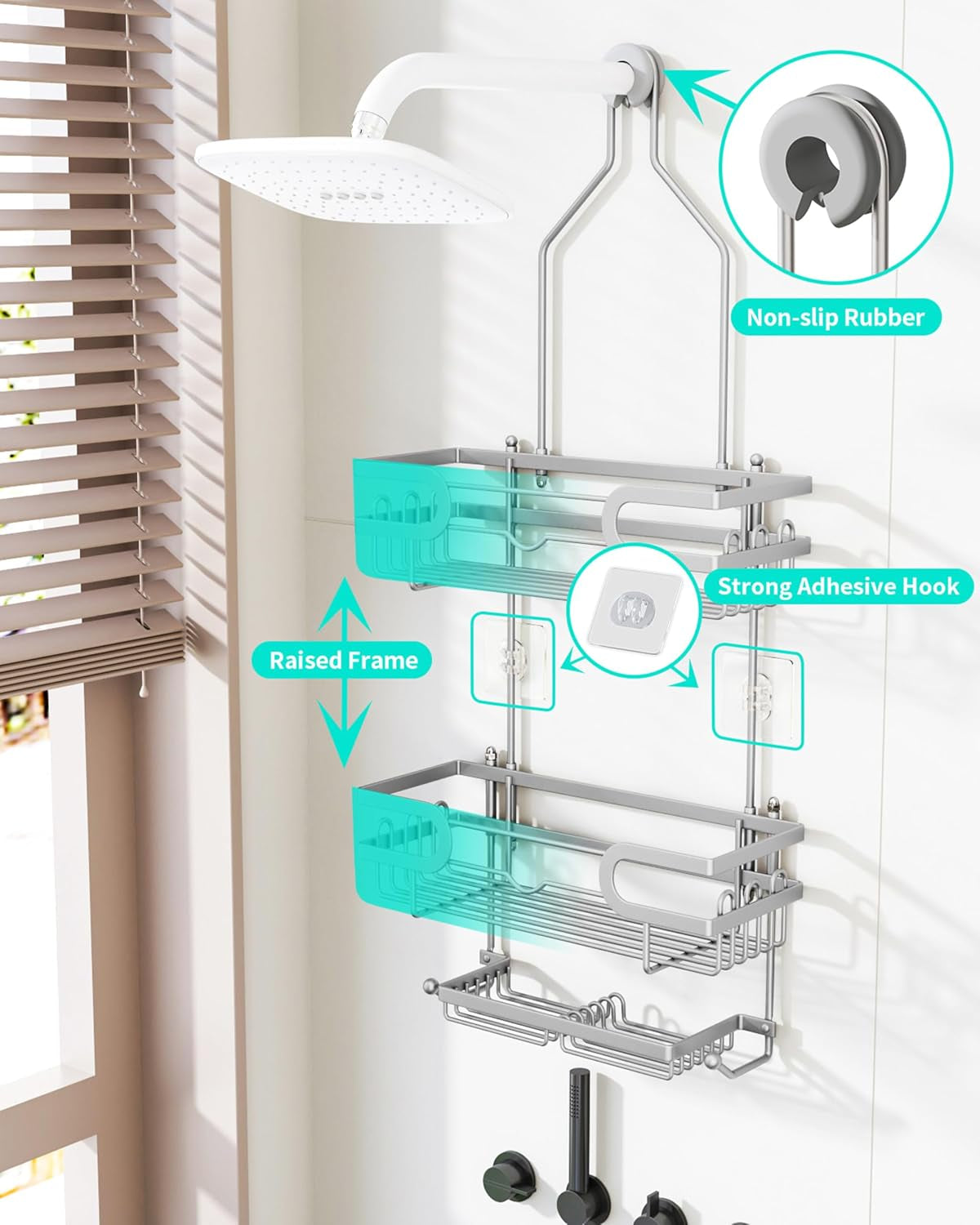 Hanging Shower Caddy - 12 Hooks & 2 Soap Trays, Silver