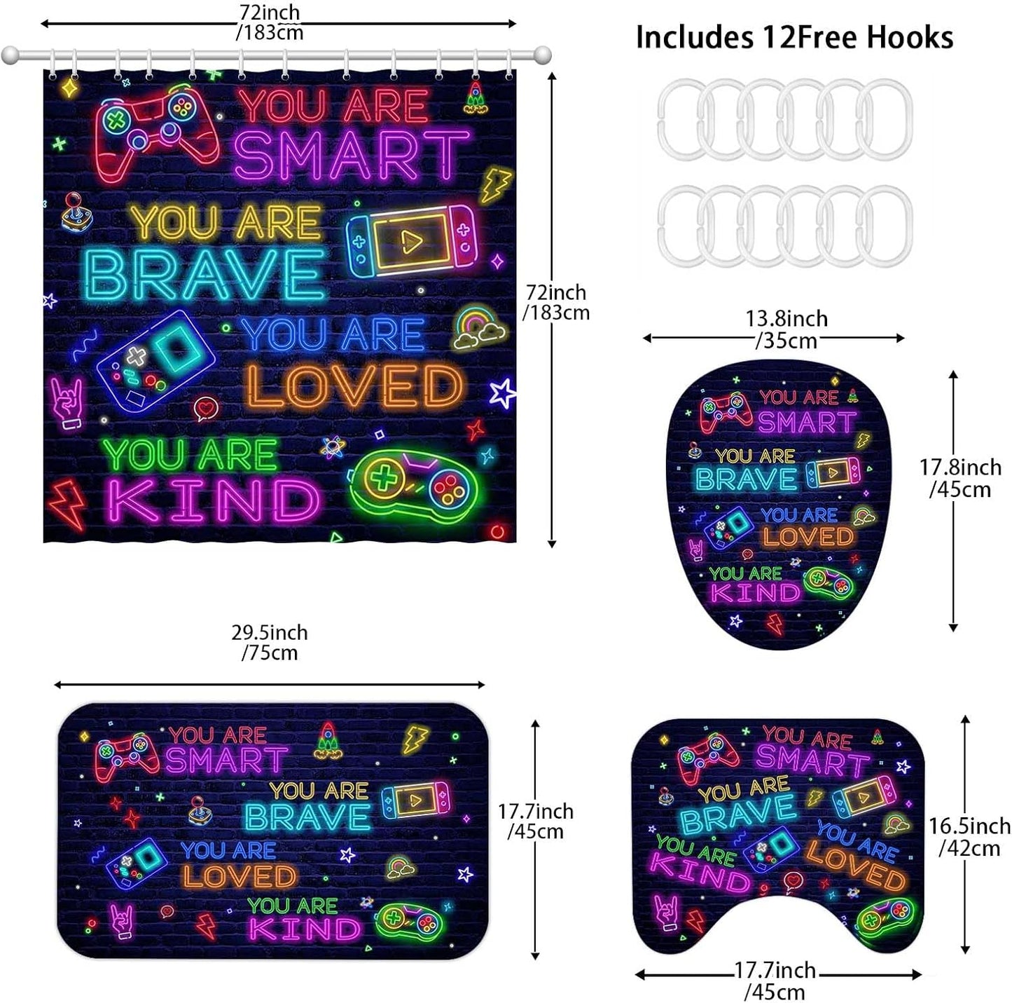 Neon Gamer Shower Curtain Set - 4 Piece with Rugs & Hooks