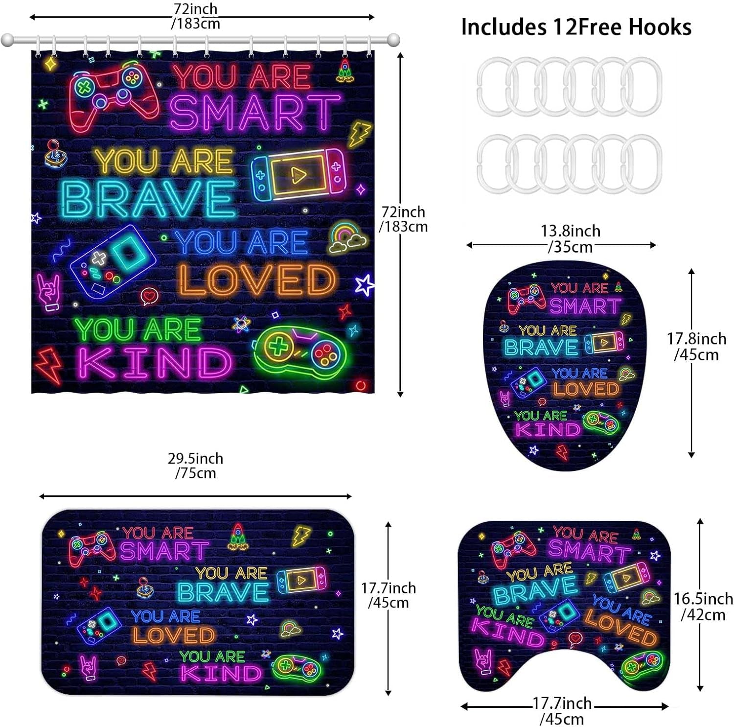 Neon Gamer Shower Curtain Set - 4 Piece with Rugs & Hooks