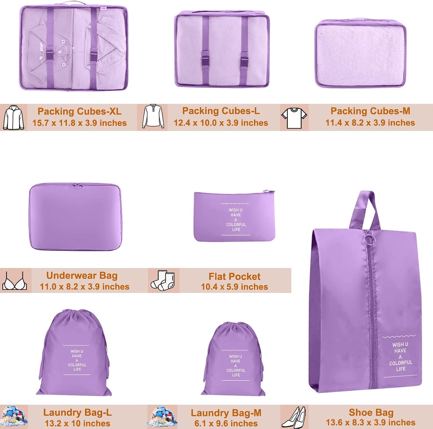 8-Piece Packing Cubes - Lightweight Luggage Organizers