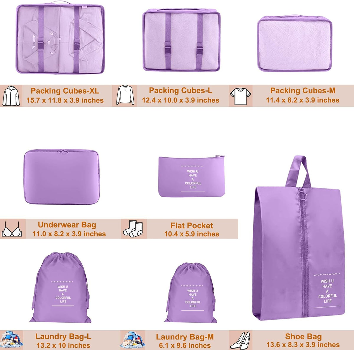 8-Piece Packing Cubes - Lightweight Luggage Organizers