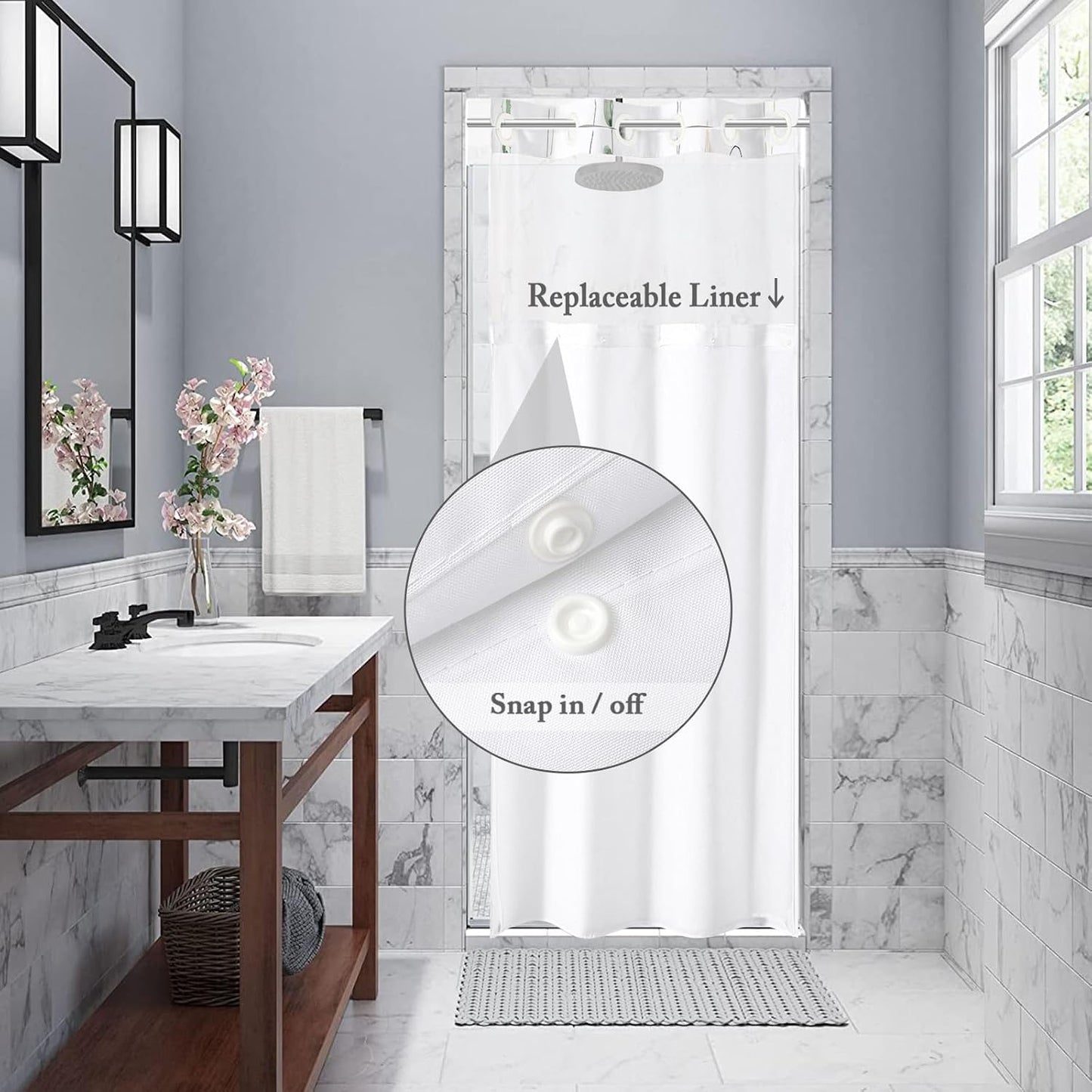Floral Shower Curtain & Bath Mat Set - Snap-In Liner