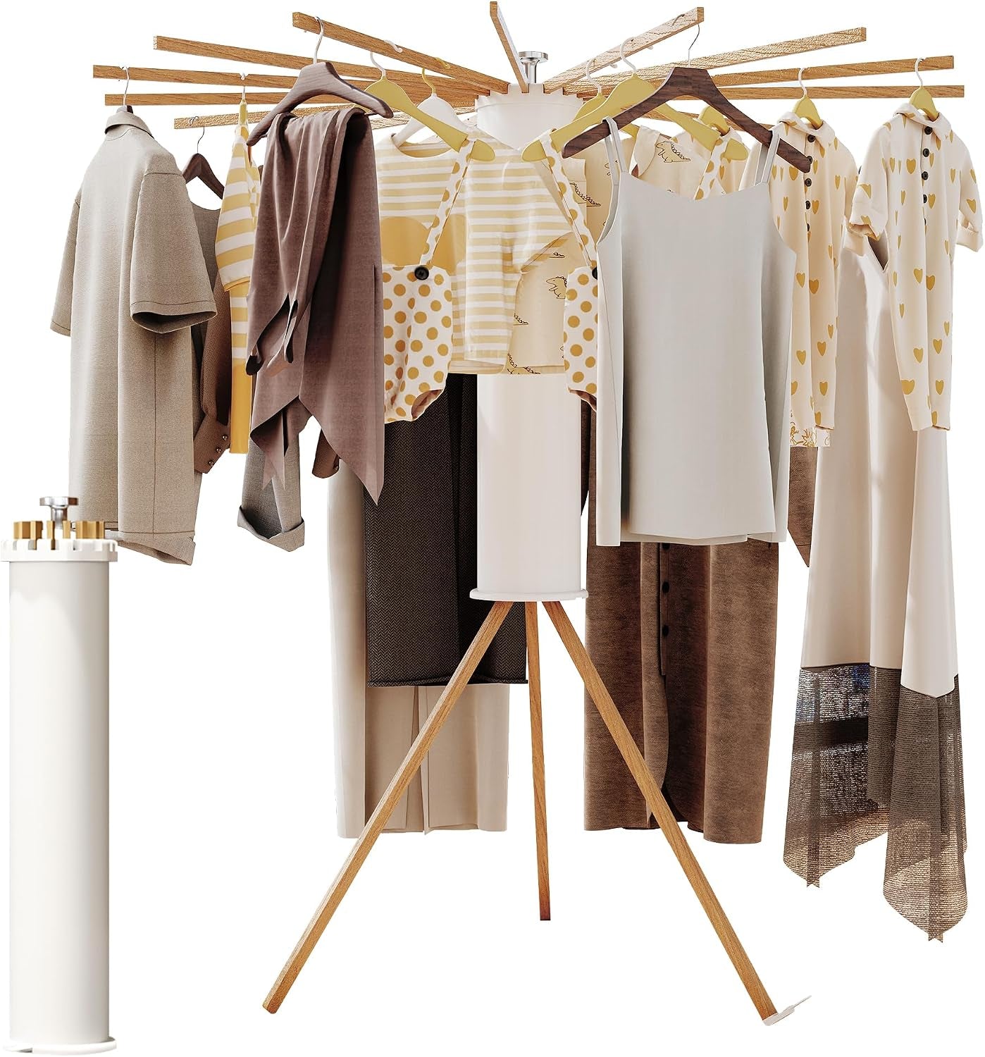 Foldable Clothes Drying Rack - 16 Wood Poles, Retractable