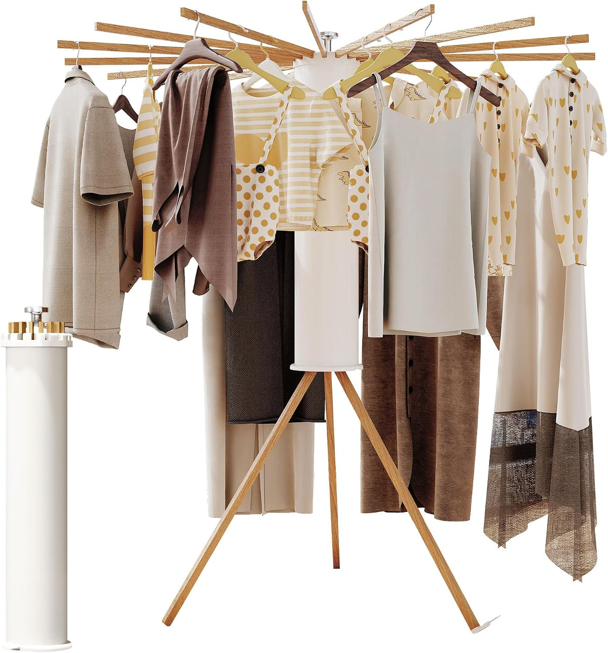 Foldable Clothes Drying Rack - 16 Wood Poles, Retractable