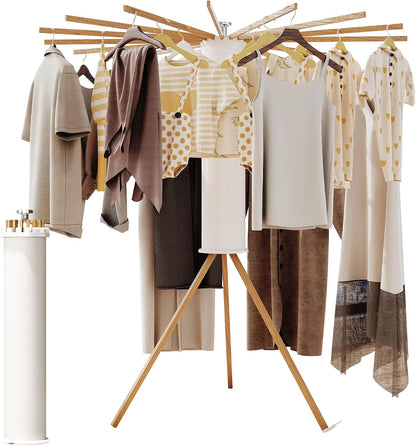 Foldable Clothes Drying Rack - 16 Wood Poles, Retractable