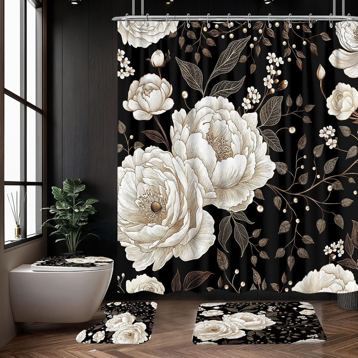 Black & Gold Boho Shower Curtain Set - 4 Piece Bath Decor