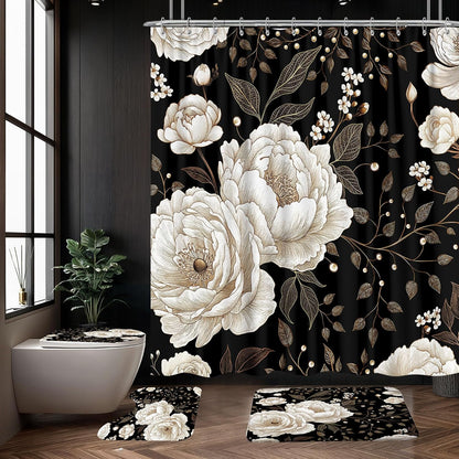 Black & Gold Boho Shower Curtain Set - 4 Piece Bath Decor