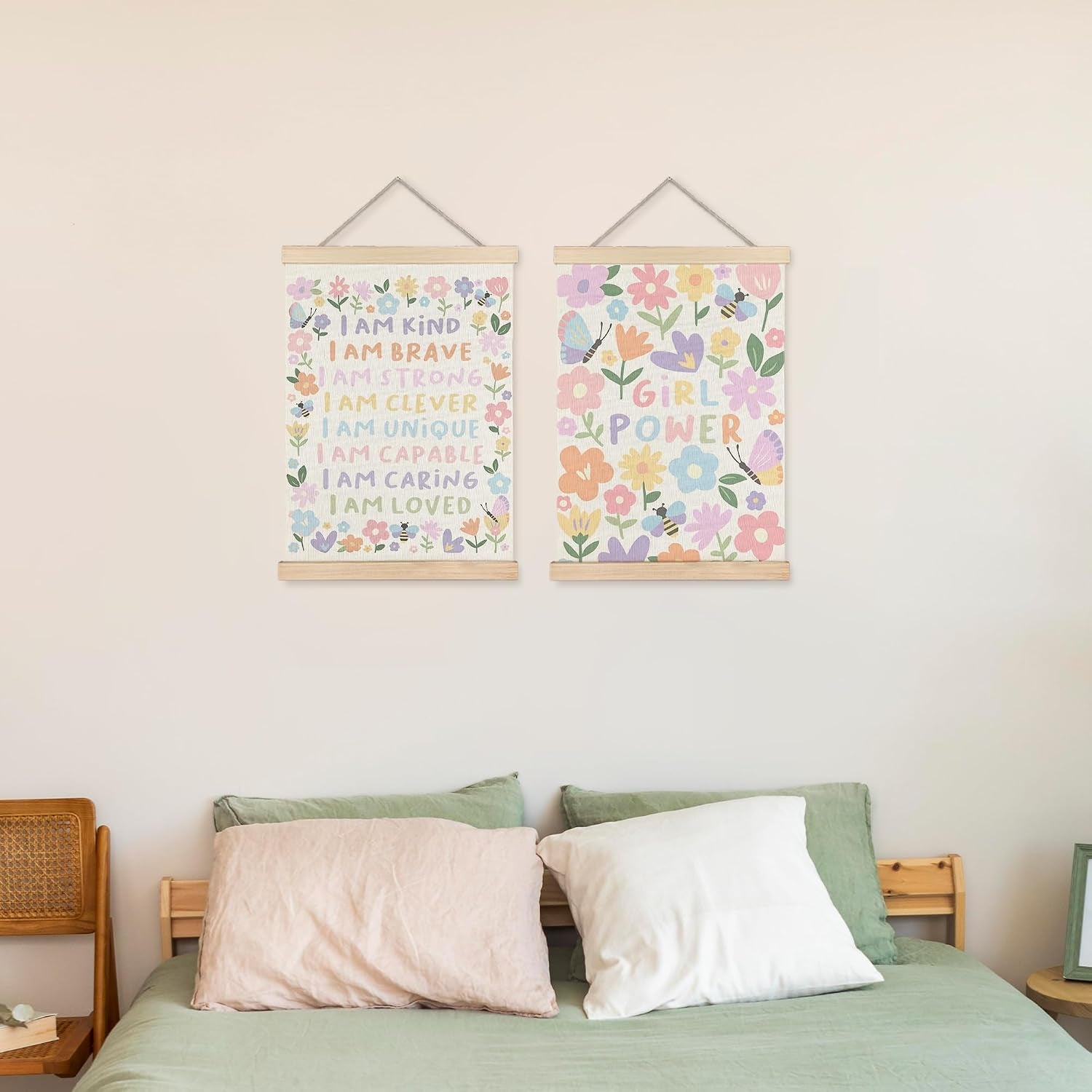 Floral Girls Room Wall Art - 2 Prints with Wood Hangers