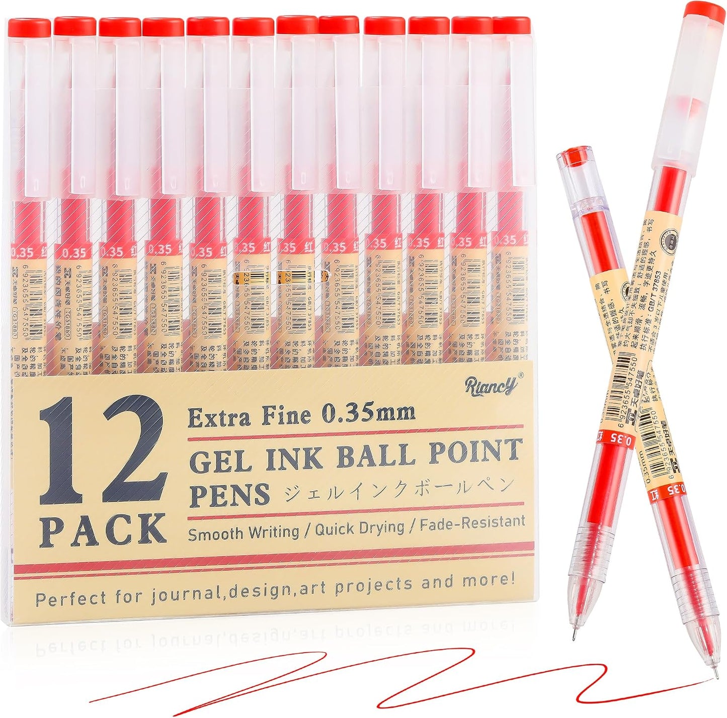 Japanese Gel Pens 12-Pack - 0.35Mm Extra Fine, Red