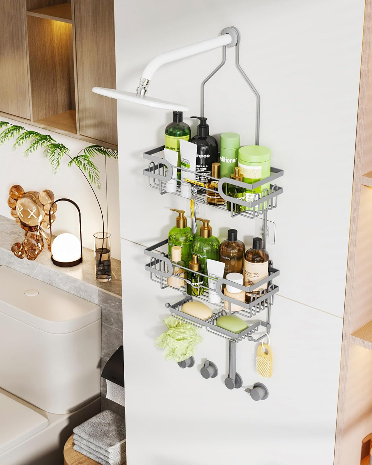 Hanging Shower Caddy - 12 Hooks & 2 Soap Trays, Silver